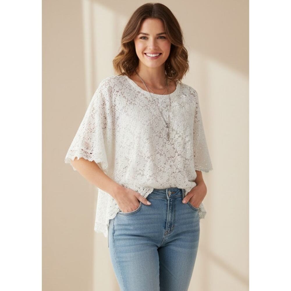 Passion Concept Women Medium White Lace Flowy Cottagecore Bohemian Poncho Top